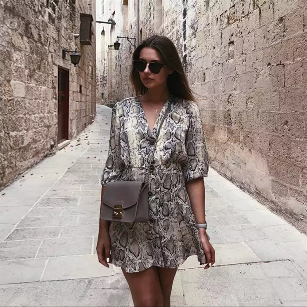 Snakeskin Button Down Mini V Neck Flare Dress - Picture 4 of 8